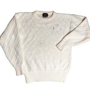 VTG Angenie Cream Beaded Embellished Knit Sweater Women's Size S Chunky Knit